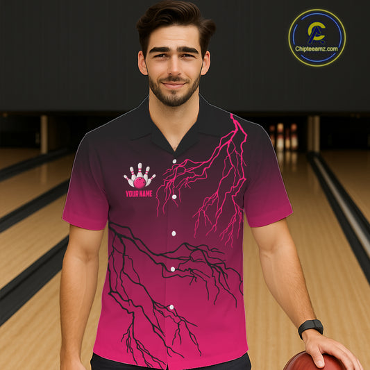 Black and Pink gradient storm Lightning thunder Bowling Hawaiian shirts Custom Bowling Team Jerseys NQS11170