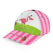Load image into Gallery viewer, Funny Flamingo Golfer hat custom pink and white argyle pattern golf sun hats, unique golf gifts NQS9933