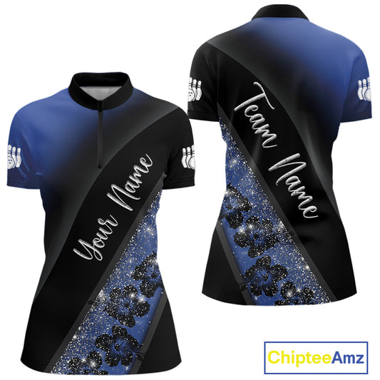 Black and Blue Glitter Flower Bowling Polo, Quarter Zip Shirt for Women Custom Bowling Team Jerseys NQS10383