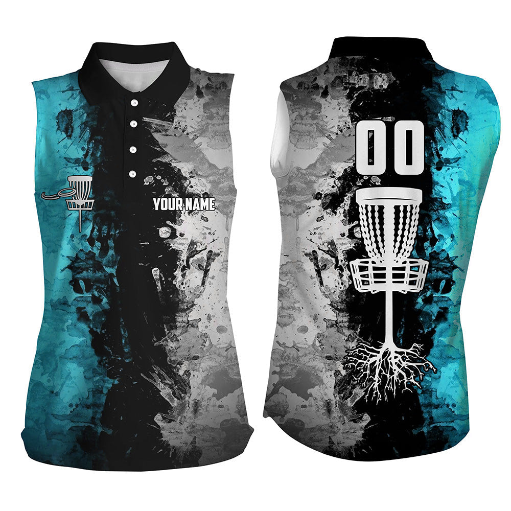 Custom name and number Disc Golf basket Women sleeveless polo shirt, sleeveless golf tops | Turquoise NQS7413