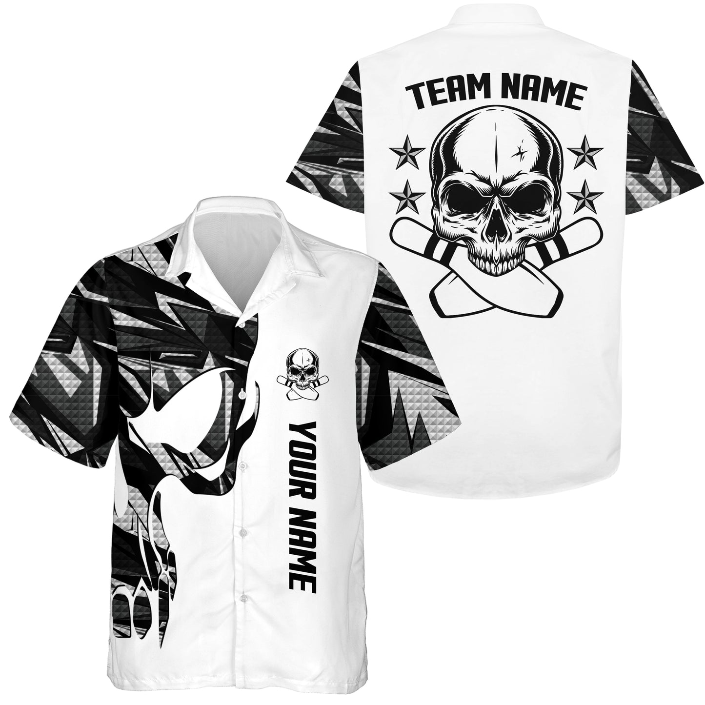 Custom White camo Hawaiian bowling shirt for bowling – personalized team jersey front view