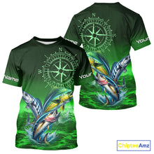 Load image into Gallery viewer, Personalized Mahi Mahi, Wahoo, Tuna Green Performance Fishing Shirt,compass offshore tournament Shirt NQS10234