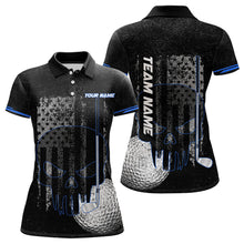 Load image into Gallery viewer, Black & White grunge American Flag Skull Women golf polo shirts custom golf attire for ladies | Blue NQS9344