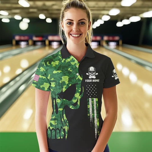 Skull Green Camouflage American Flag Women Bowling Shirt Custom Patriotic Bowling Ladies Team Jerseys NQS9641
