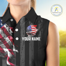 Load image into Gallery viewer, Black American flag smoke Women's Sleeveless Polo Shirt Custom Patriotic Team Golf attire NQS10615