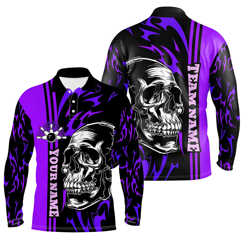 Bowling Shirts For Men Custom Black and Purple flame skull Bowling ball and pins Team league Jerseys NQS8665