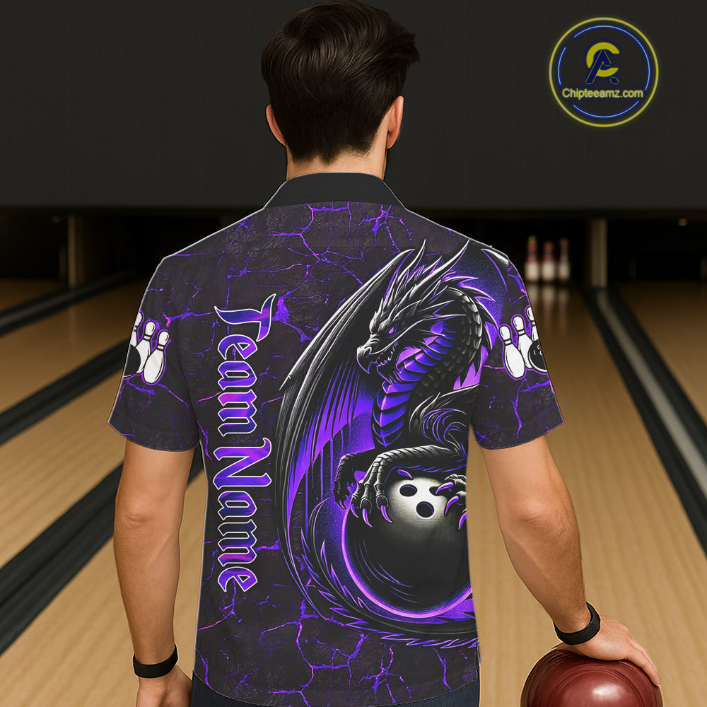 Black And Purple Custom Dragon Bowling Button-up Shirts, Dragon Hawaiian Bowling Team Shirts NQS11621