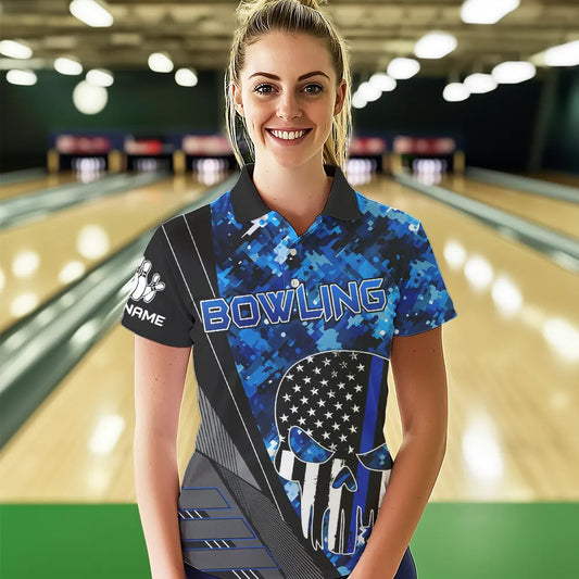 Black and White American Flag Skull Blue Camo Bowling Shirts For Women Custom Team Bowling Jerseys NQS9654