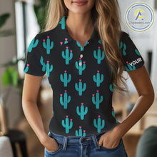 Load image into Gallery viewer, Personalized black & green cactus flower pattern Women golf polo shirts custom cactus golf shirts NQS9942