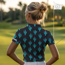 Load image into Gallery viewer, Personalized black & green cactus flower pattern Women golf polo shirts custom cactus golf shirts NQS9942