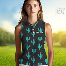 Load image into Gallery viewer, Personalized black & green cactus flower pattern Women sleeveless polo shirt custom cactus golf shirts NQS9942