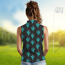Load image into Gallery viewer, Personalized black & green cactus flower pattern Women sleeveless polo shirt custom cactus golf shirts NQS9942