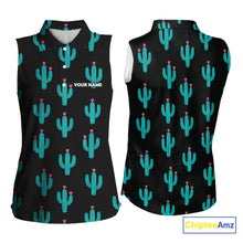 Load image into Gallery viewer, Personalized black & green cactus flower pattern Women sleeveless polo shirt custom cactus golf shirts NQS9942