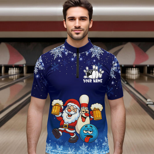 Funny Santa Drink Beer Blue snowflake Bowling Shirts For Men Custom Christmas Bowling Team Jerseys NQS11056
