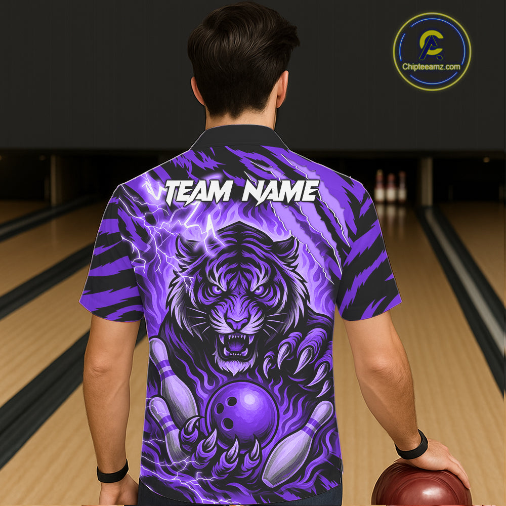 Personalized Tiger Bowling Hawaiian Shirt, Purple Flame Lightning Thunder Tiger Team Bowling Jerseys NQS11234