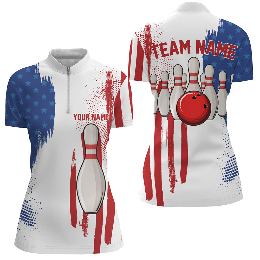 Red white & blue American flag Women bowling Polo, Quarter Zip shirt Custom Bowling Team League Jersey NQS7624