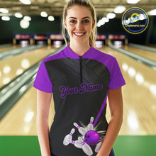 Load image into Gallery viewer, Black & Purple bowling league jersey custom Women Bowling Polo, 1/4 zip Shirt, gift for ladies bowler NQS10097