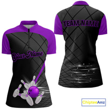 Load image into Gallery viewer, Black & Purple bowling league jersey custom Women Bowling Polo, 1/4 zip Shirt, gift for ladies bowler NQS10097