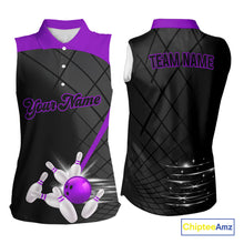 Load image into Gallery viewer, Black & Purple bowling league jersey custom Bowling sleeveless polo Shirt, gifts for ladies bowler NQS10097