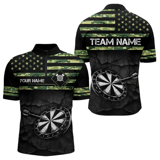 Green camo American Flag Dart jerseys Polo, 1/4 Zip Shirt for Men Custom Patriotic Darts Team shirts NQS9519