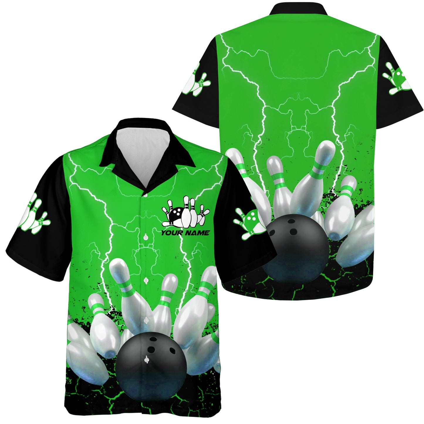 Green lightning hawaiian bowling shirts, Personalized men's bowling team button up bowling shirts NQS7280