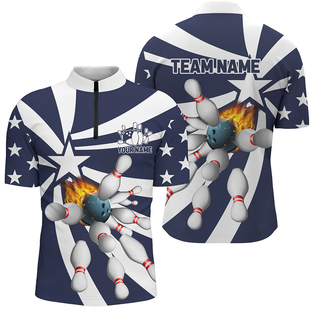 Blue and white Mens polo, quarter zip bowling shirt Custom flame bowling star team league jerseys NQS7820