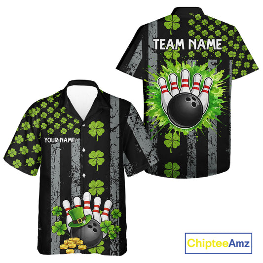 Custom Grunge US Flag Green Shamrock St Patrick Bowling Hawaiian shirts, button up bowling shirts NQS11450