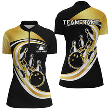 Load image into Gallery viewer, Black & Gold Bowling Polo, 1/4 Zip Shirts For Women Custom Bowling Team League Jersey, Gift For Bowler NQS8705