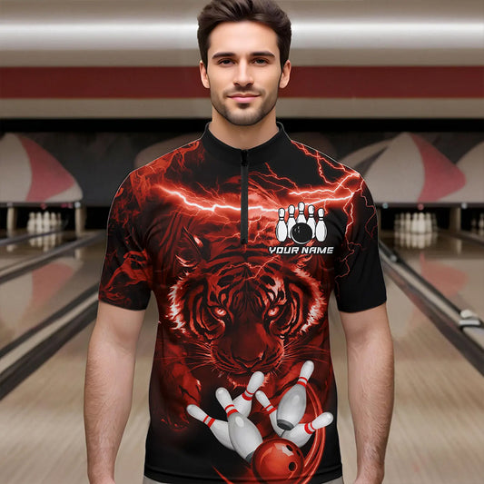 Personalized Red Lightning Thunder Storm Tiger Bowling Shirts For Men Custom Bowling Team Jerseys NQS9683