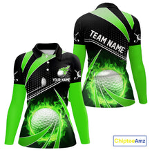 Load image into Gallery viewer, Black and Green Fire golf ball custom Women golf polo shirt, personalized ladies golf outfit for team NQS10123