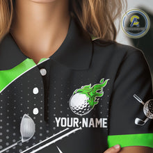 Load image into Gallery viewer, Black and Green Fire golf ball custom Women golf polo shirt, personalized ladies golf outfit for team NQS10123