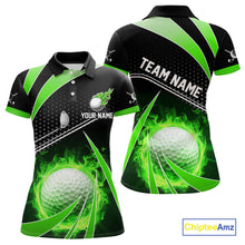 Load image into Gallery viewer, Black and Green Fire golf ball custom Women golf polo shirt, personalized ladies golf outfit for team NQS10123