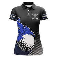 Load image into Gallery viewer, Black and Blue Flame Golf Ball Fire Women Golf Polo Shirt custom golf outfit women's team golf shirt NQS8471