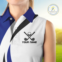 Load image into Gallery viewer, Blue and White Women Sleeveless golf polo shirt Custom golf attire for ladies, gifts for golf lovers NQS10665