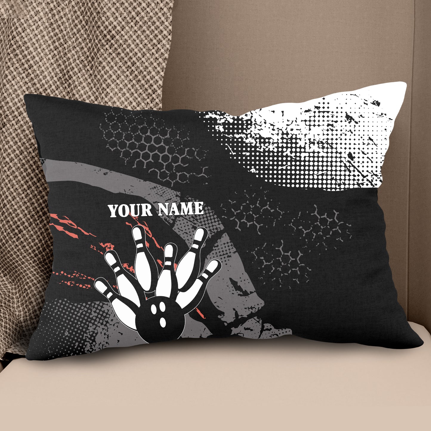 Personalized black and white retro bowling ball pins custom name Canvas, Linen Throw Pillow NQS7024