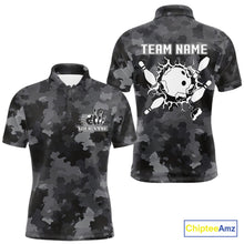 Load image into Gallery viewer, Bowling Polo, Quarter Zip shirts For Men Custom bowling ball and pins black camo Bowling Team Jersey NQS10889