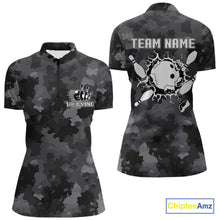 Load image into Gallery viewer, Bowling Polo, Quarter Zip shirts For Women Custom bowling ball & pins black camo Bowling Team Jersey NQS10889