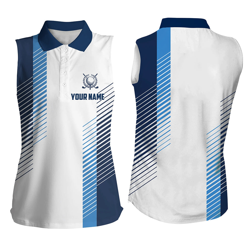 White and blue Women sleeveless polo shirt custom golf ball shirts ladies golf top NQS6162