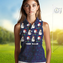 Load image into Gallery viewer, Blue Christmas Plaid pattern snowman Women Sleeveless Polo Shirt custom Christmas ladies golf attire NQS10902
