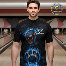 Load image into Gallery viewer, Custom Black and Blue Flame American Flag Skull Bowling Shirts for Men, Bowling Team League Jersey NQS10913