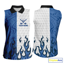 Load image into Gallery viewer, White and Blue Camo Flame Women Sleeveless Golf Polo Shirt Custom golf attire for ladies golf gift NQS10709