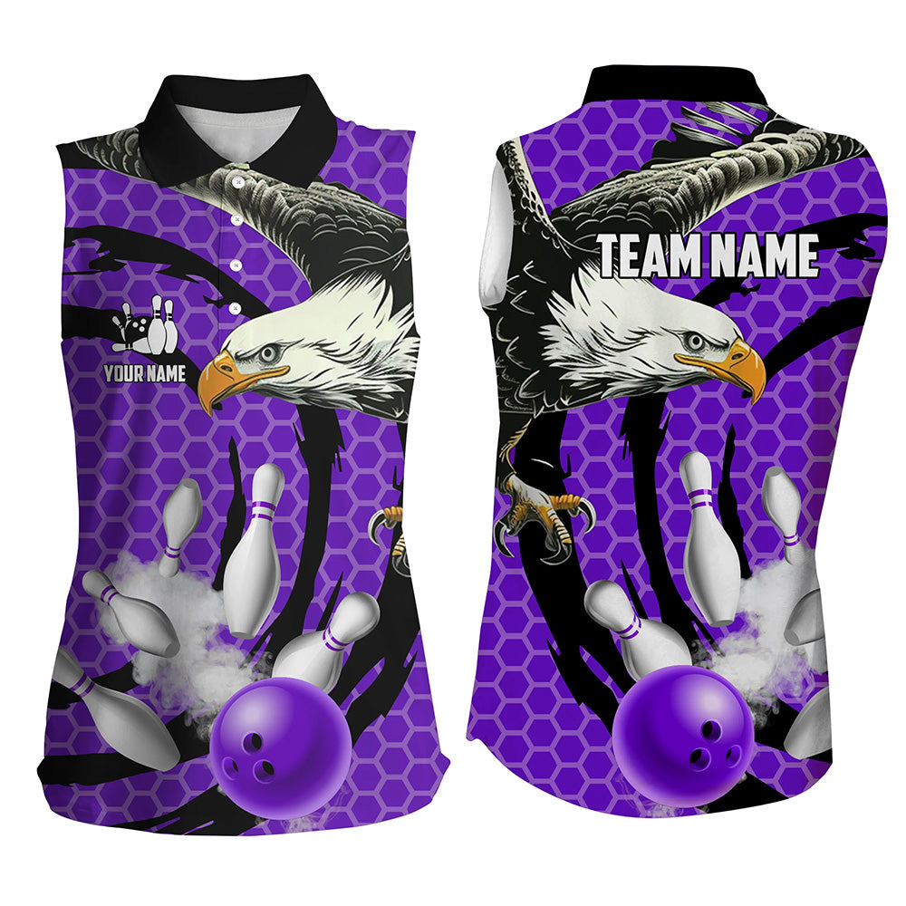 Eagle bowling ball and pins Purple camo custom Women sleeveless Polo Shirt, team ladies bowling jersey NQS7515