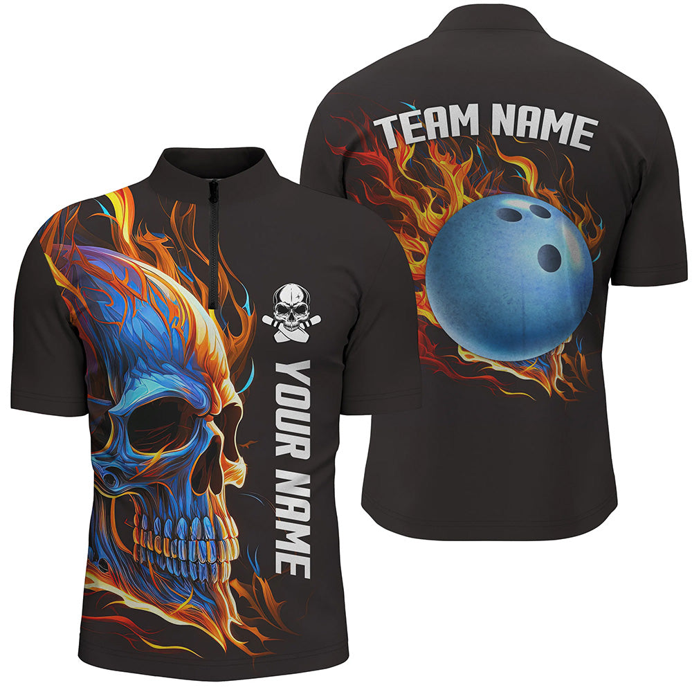 Bowling Skull on fire Bowling Quarter Zip shirts for men custom team Skull Bowling jerseys NQS6197