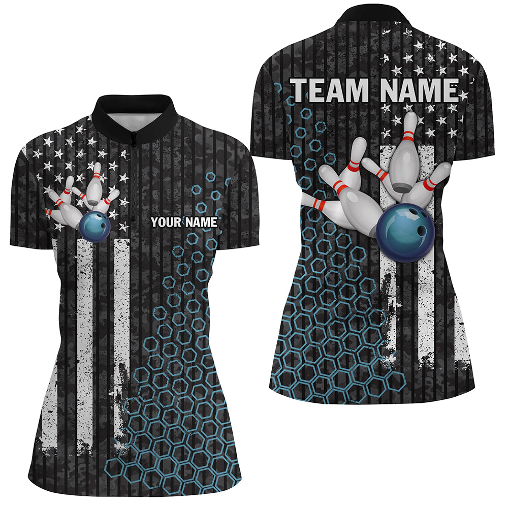 Black white American flag Women bowling Polo, Quarter Zip shirt Custom camo Bowling Team Jersey | Blue NQS8531
