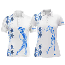 Load image into Gallery viewer, Blue Leopard argyle pattern matching golf shirt for couples custom his and hers matching golf outfits NQS9736