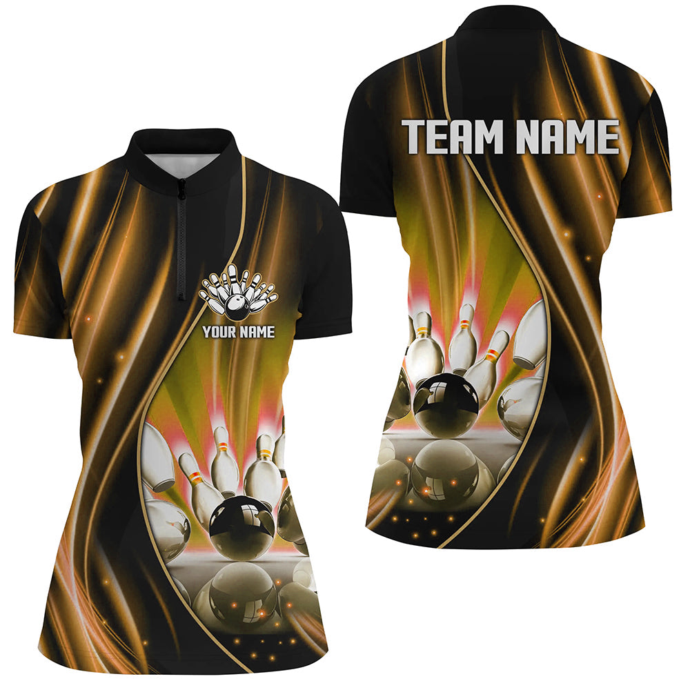 Orange and black light Women Polo, 1/4 Quarter Zip Shirt Custom bowling team jerseys, gift for bowlers NQS8097