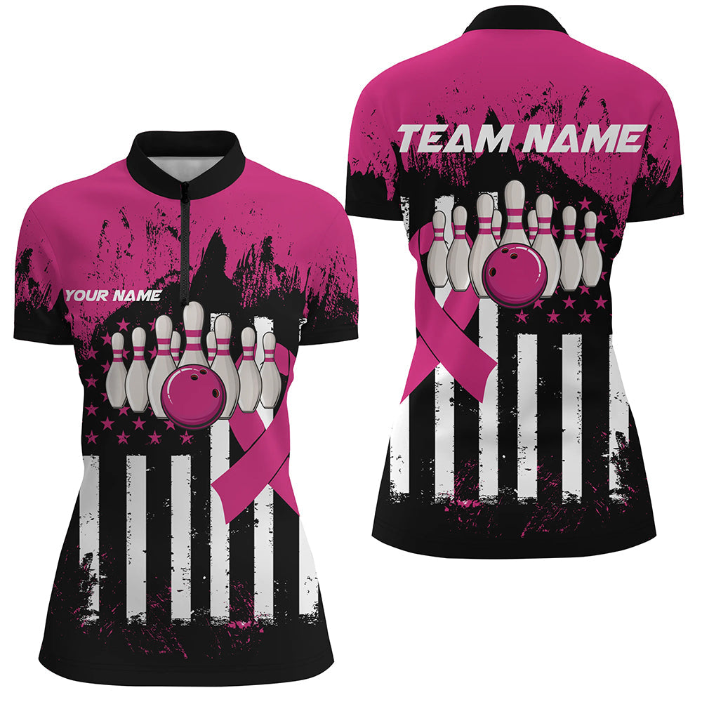 Pink and Black American flag Women Polo, 1/4 Zip Shirts Custom Breast Cancer Awareness bowling jerseys NQS8102