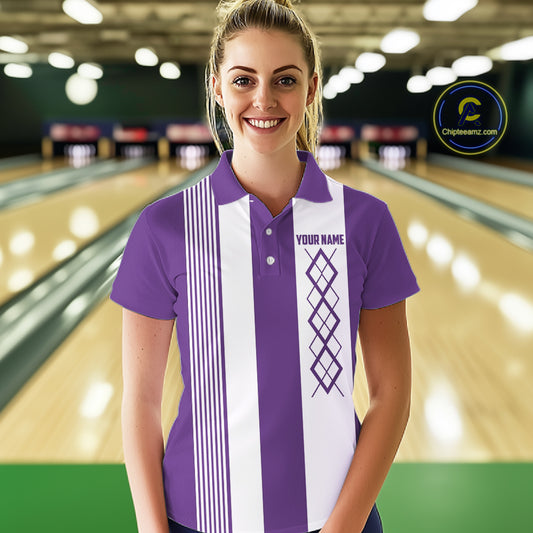 Purple & White retro Argyle Flame bowling Women Polo, 1/4 Zip Shirts Custom bowling team jersey NQS11314