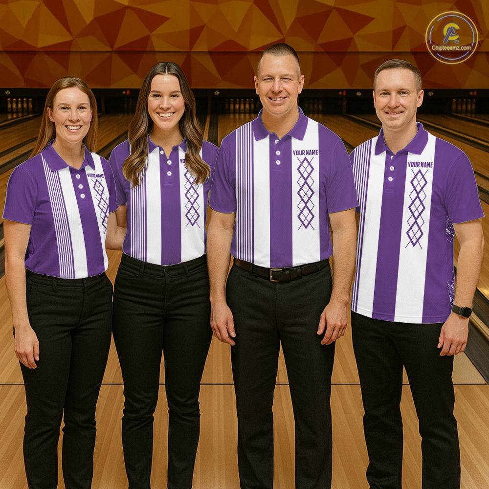 Purple & White retro Argyle Flame bowling Women Polo, 1/4 Zip Shirts Custom bowling team jersey NQS11314