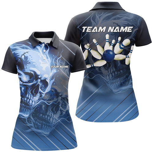 Personalized Skull Bowling Polo, Quarter zip shirts For Women Custom Team Flame Bowler Jerseys | Blue NQS7684